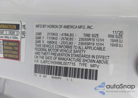 2021 Acura Rdx Standard из США, поврежденный, VIN 5J8TC1H3XML007715